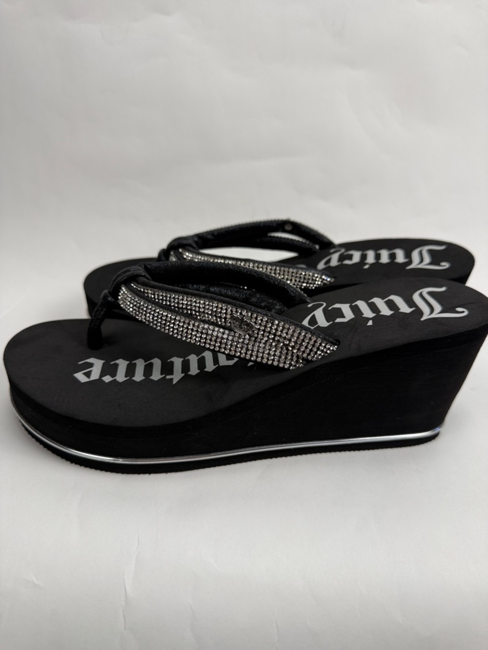 Juicy Couture Black Wedge Pkatform Sandals with Silver Rhinestone Straps Size 6 - Picture 7 of 13